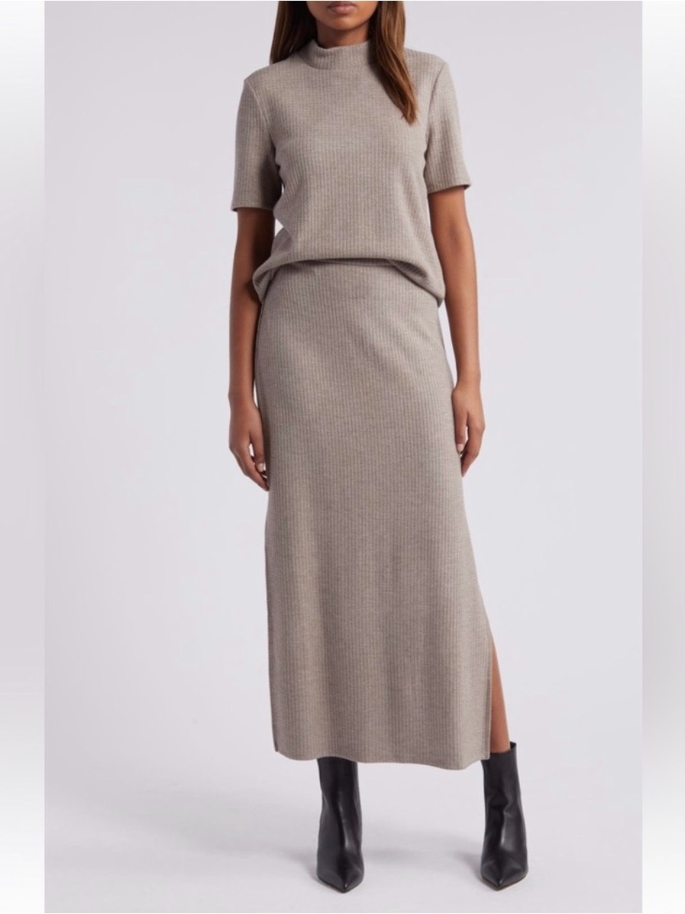 Halogen Set-  Taupe Ribbed Mock neck top & Knit Midi Skirt
